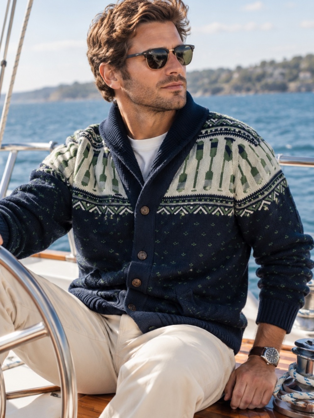 Fisherman Cardigan Sweater Mens Size M Navy Green Boating Preppy Grandpacore